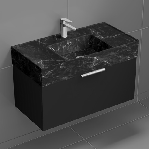 Nameeks DERIN962 Black Bathroom Vanity With Black Marble Design Sink, Floating, Modern, 32 Inch